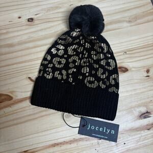 Jocelyn Womens Metallic Leopard Print Pompom Beanie Hat Black Faux Fur